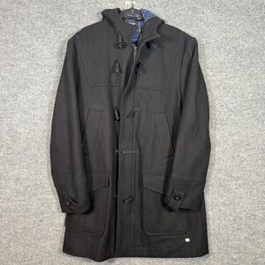 Mini Cooper Jacket Mens Large Black Duffle Coat Wool Blend Plaid Lined Hooded